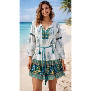 OLIPHANT Balloon Drop Mini dress in Roma Turquoise Size Small 100% Cotton